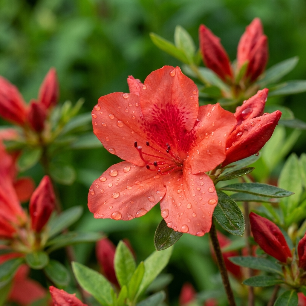 Close-up of a Carnival Rocket Azalea - Azalea indica 'Carnival Rocket', an evergreen shrub, showing its red flower with water droplets on the petals and green leaves in the background.
