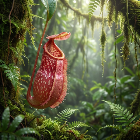 A large Carnivorous Pitcher Plant - Nepenthes ‘Suki’, known for its striking pink pitchers, hangs from a vine in a lush, green rainforest.