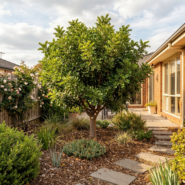 A Carob Tree (Ceratonia siliqua) and drought-tolerant garden plants brighten a sunny, landscaped backyard with a stone path beside a brick house.