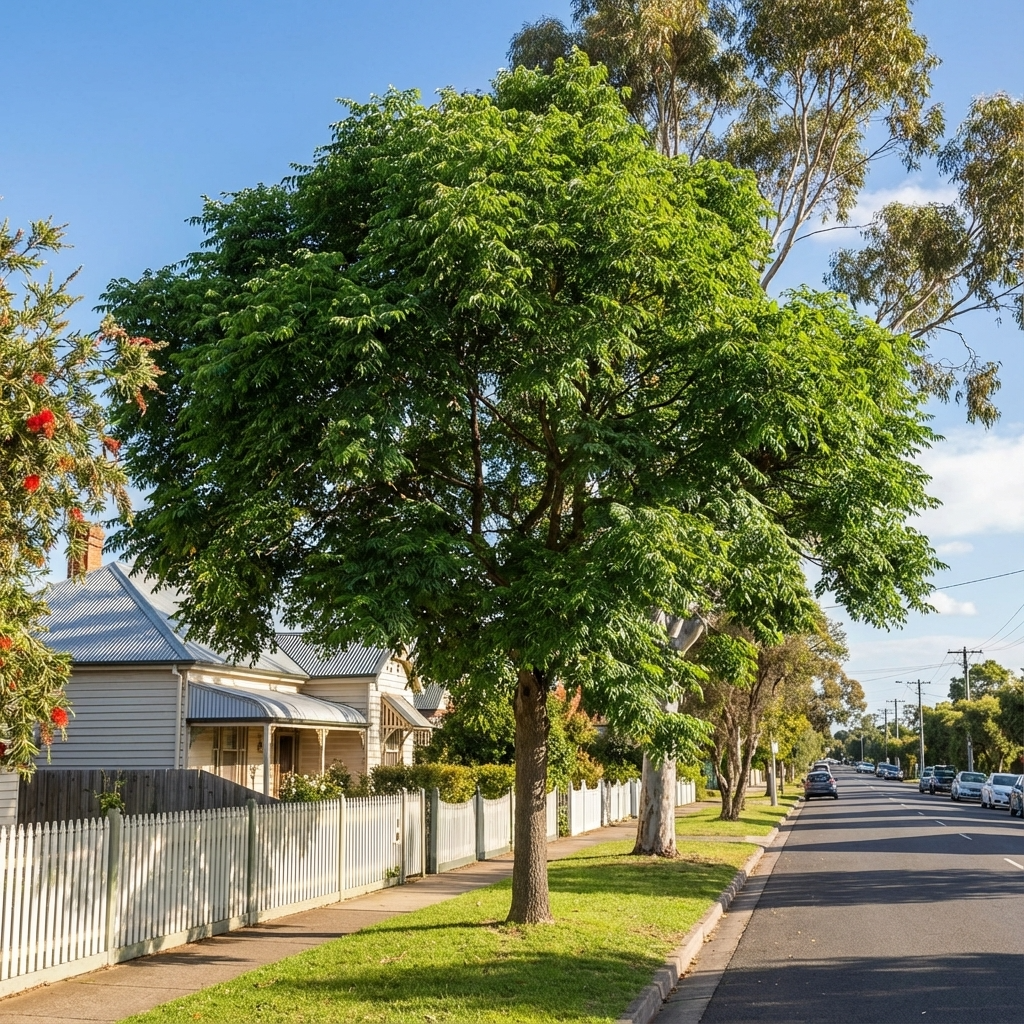 A Caroline Chinaberry (Melia azedarach ‘Caroline’), a deciduous shade tree, stands by a white picket fence on a sunny suburban street lined with houses.