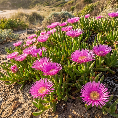 Pigface - Carpobrotus ‘Aussie Rambler’ features bright pink flowers and green leaves that thrive in sandy coastal areas, making it a vibrant, drought-tolerant groundcover ideal for controlling coastal erosion.