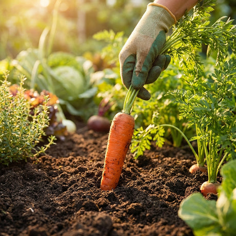 A gloved hand pulls a sweet, crunchy Carrot All seasons - Daucus carota from rich soil in a sunlit vegetable garden.