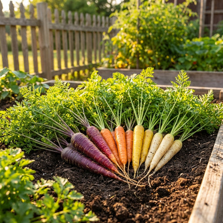 Carrot Rainbow Mix - Daucus carota: freshly picked, colorful carrots displayed on soil in a raised garden bed—ideal for adding vibrancy to your home vegetable garden.