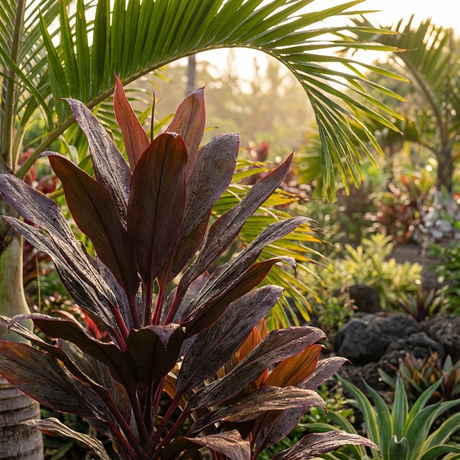 Low-maintenance tropical plants with broad leaves bask in sunlight, featuring lush greenery and palms alongside vibrant Caruba Black Cordyline (Cordyline fruticosa 'Caruba Black') in the garden.