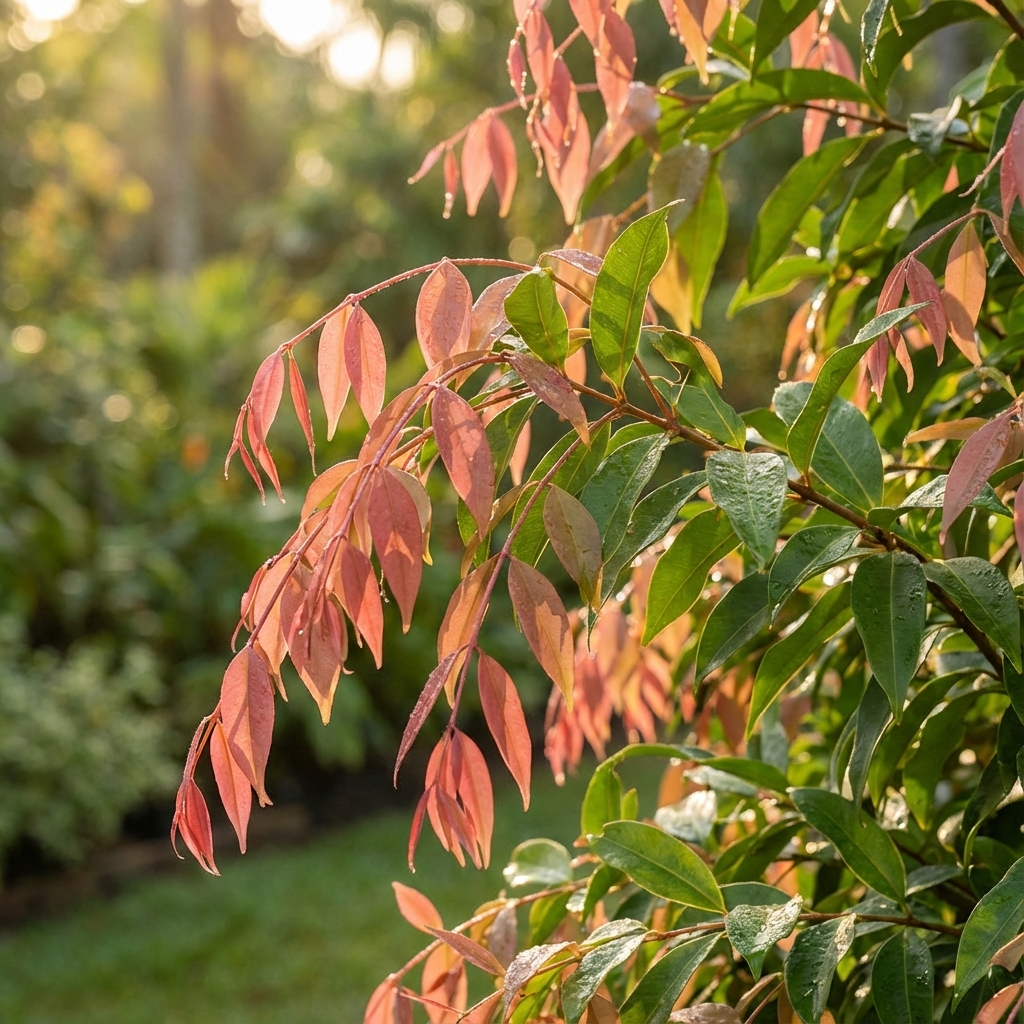 The Cascade Lilly Pilly - Syzygium australe 'Cascade' features shiny green and pink foliage that glows in sunlight, making it ideal as a fast-growing hedge against a soft, blurred backdrop in your garden.