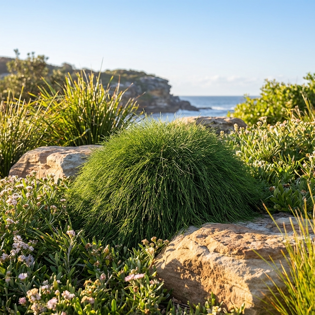 Lush coastal plants like Cousin It - Casuarina glauca ground cover thrive among rocks with the ocean and cliffs behind on a sunny day, highlighting this drought-tolerant, erosion-controlling plant.