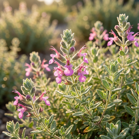 Close-up of Cat Thyme - Teucrium marum, a drought-tolerant shrub with small pink-purple blossoms in sunlight, set against a blurred background of foliage.