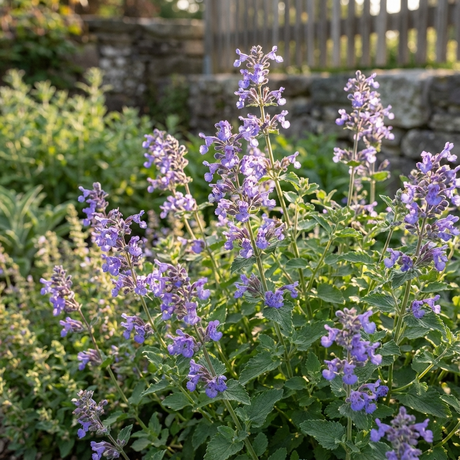 Catmint ‘Walker’s Blue’ (Nepeta × faassenii) displays purple blooms in a sunlit garden, with a stone wall and wooden fence behind. This pollinator-friendly plant adds vibrant color and attracts bees and butterflies.