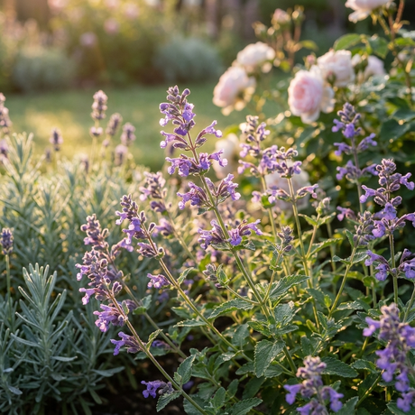 Catmint ‘Walker’s Low’ (Nepeta × faassenii) brings purple blooms to a sunlit garden, where light pink roses and green foliage create a pollinator-friendly, drought-tolerant perennial haven.