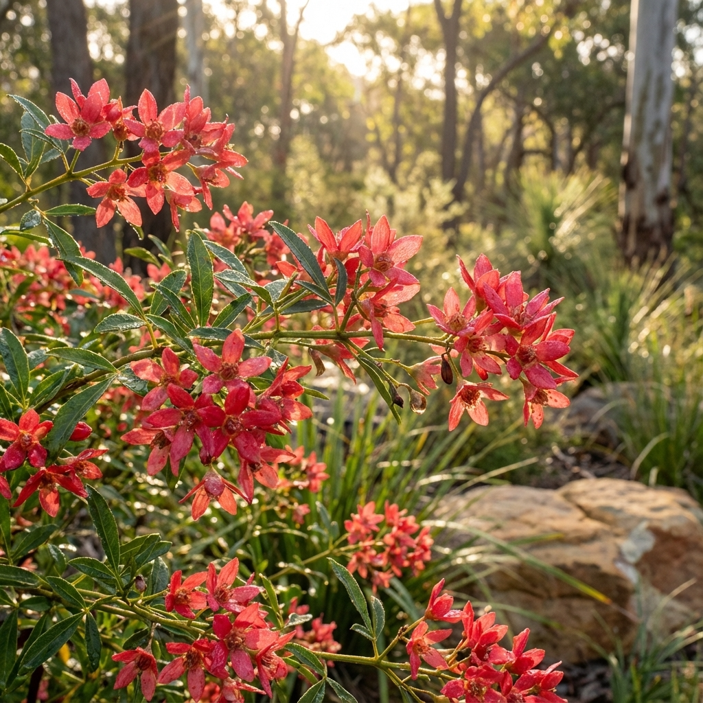 Bright pink wildflowers and green foliage thrive among rocks in a forest, where the compact evergreen Christmas bush - Ceratopetalum Shiraz brings festive color to the sunlit scene.