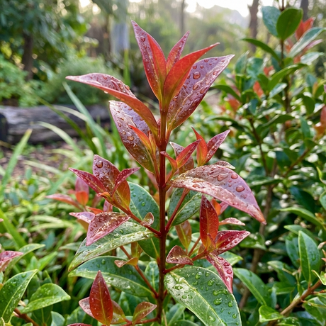 Red-tipped leaves with water droplets and lush green foliage make the Cheetah Lilly Pilly - Syzygium ‘Cheetah’ a fast-growing, vibrant hedge—ideal for adding colorful privacy to any garden.