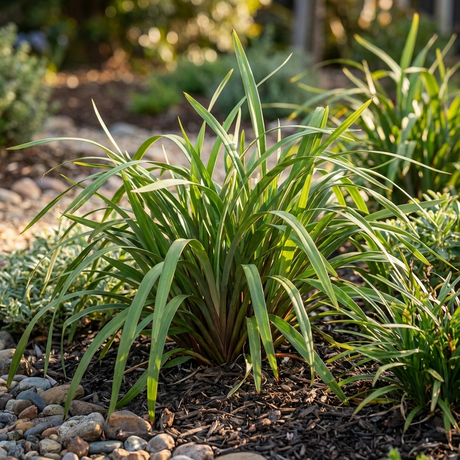 Cherry Red Dianella - Dianella tasmanica 'Cherry Red' features spiky green leaves with red-toned foliage, thriving in mulched beds among rocks and plants. This low-maintenance plant brings vibrant color and texture to any landscape.