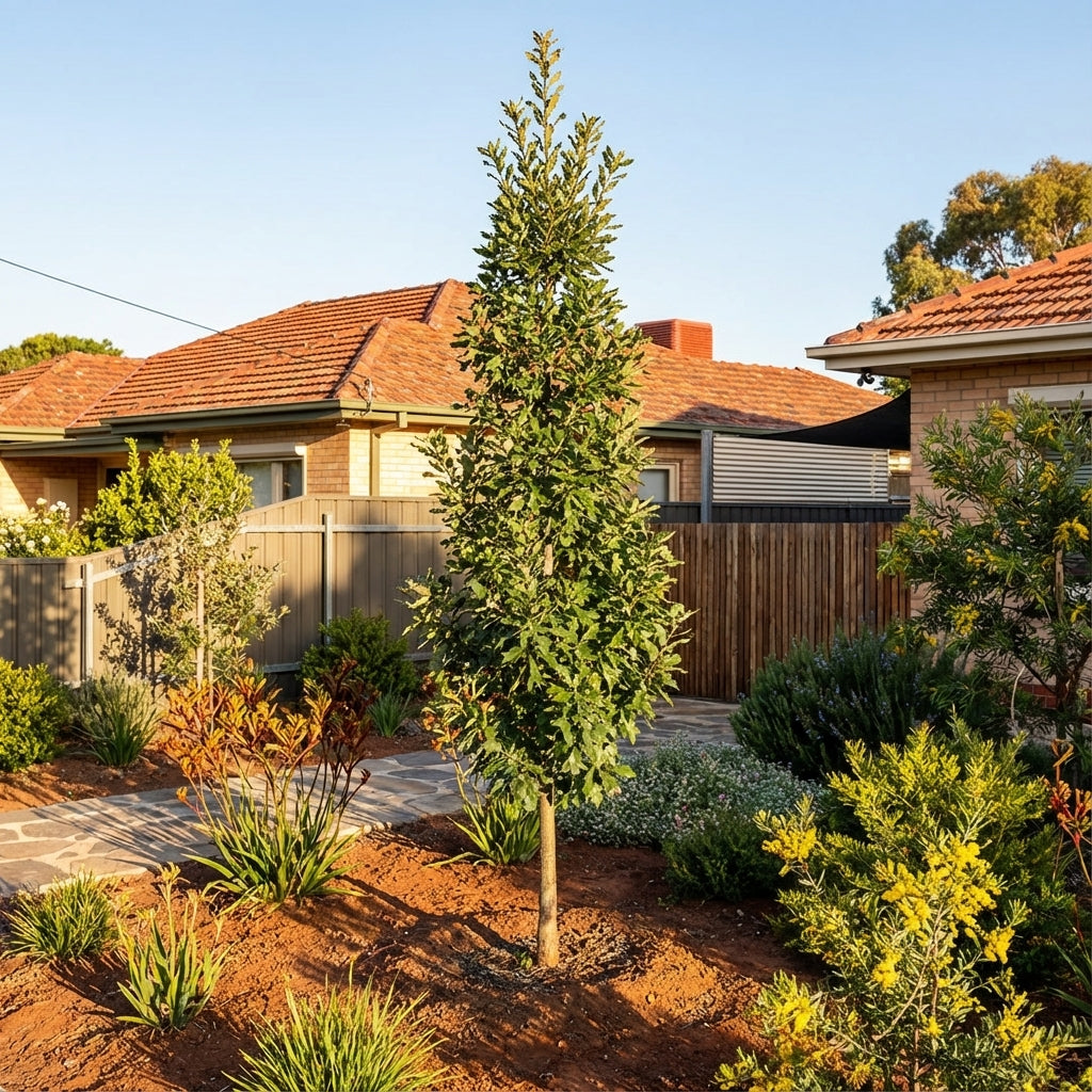A young, slender Chestnut Leafed Oak (Quercus castaneifolia) grows in a landscaped garden with shrubs, offering future shade for suburban homes with red roofs.