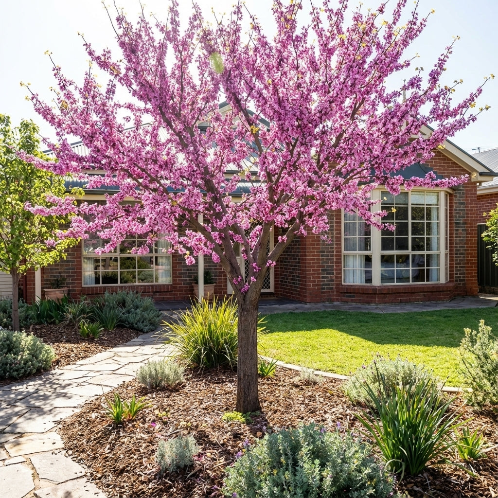 A Chinese Redbud - Cercis chinensis ‘Faerie Queen’, an elegant ornamental tree with vibrant spring flowers, stands before a brick house featuring large windows and a tidy garden path.