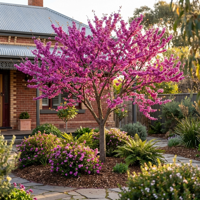 A Chinese Redbud (Cercis chinensis), an elegant ornamental tree with vibrant spring flowers, blooms in a landscaped garden before a brick house topped with a tin roof.