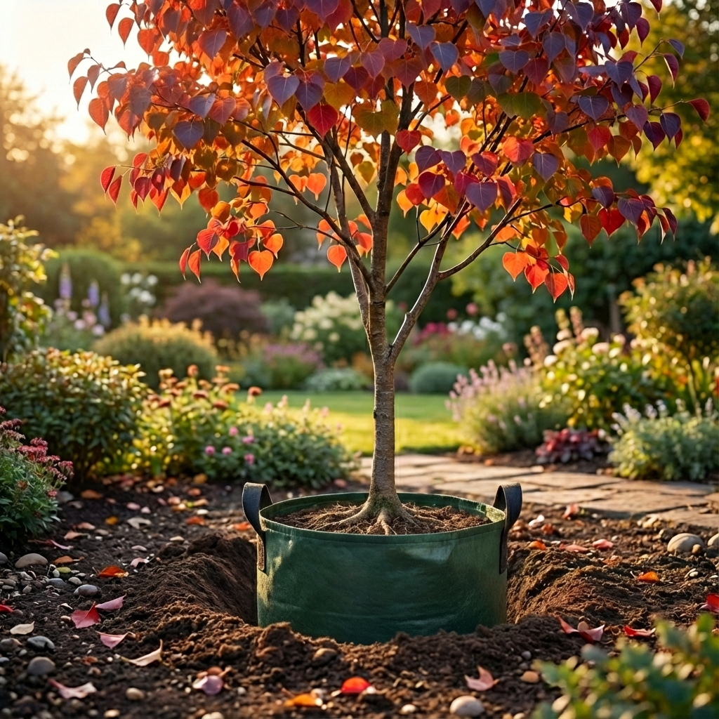 A young Chinese Tallow Tree (Triadica sebifera) in a green fabric pot is planted in a garden at sunset, set among autumn foliage and vibrant flowers.