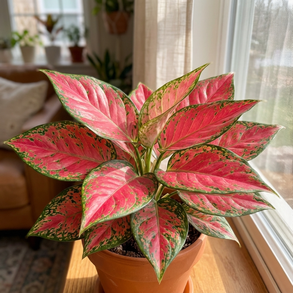 A Chinese evergreen - Aglaonema Dang Mongkol, known for its air-purifying qualities and striking pink-green leaves, sits on a sunlit windowsill.