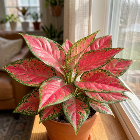 A Chinese evergreen - Aglaonema Dang Mongkol, known for its air-purifying qualities and striking pink-green leaves, sits on a sunlit windowsill.