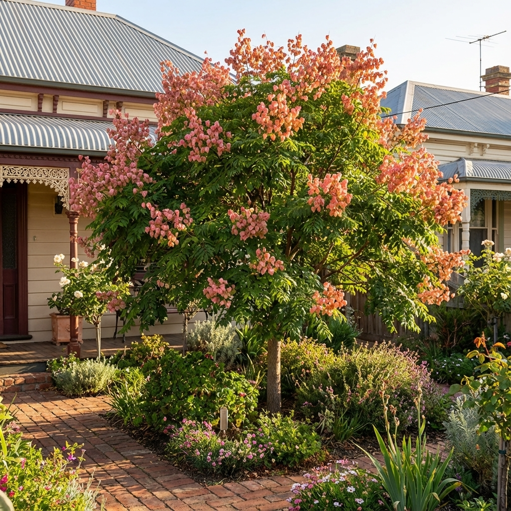 A vibrant Chinese Flame Tree (Koelreuteria bipinnata) with pink flowers brings autumn color and cool shade to a brick-paved garden outside a Victorian-style house.