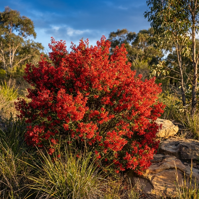 The Christmas Bush - Ceratopetalum ‘Albery’s Red’ showcases vivid red flowers set among rocks and grasses, adding striking color to sunlit natural landscapes.