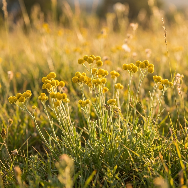Yellow Buttons - Chrysocephalum, an Australian native groundcover, displays bright yellow wildflowers blooming amid green grass in a sunlit meadow.