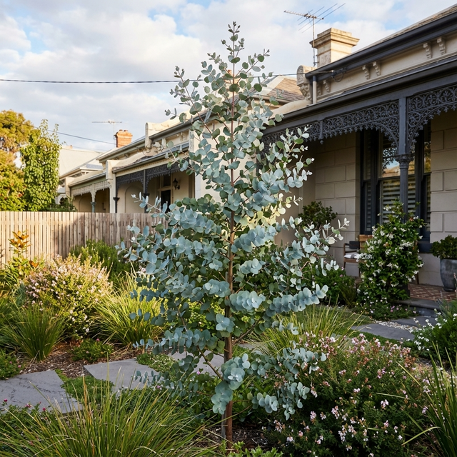 A young Cider Gum - Eucalyptus gunnii, with attractive blue-grey leaves, grows in the tidy front garden of a suburban home.
