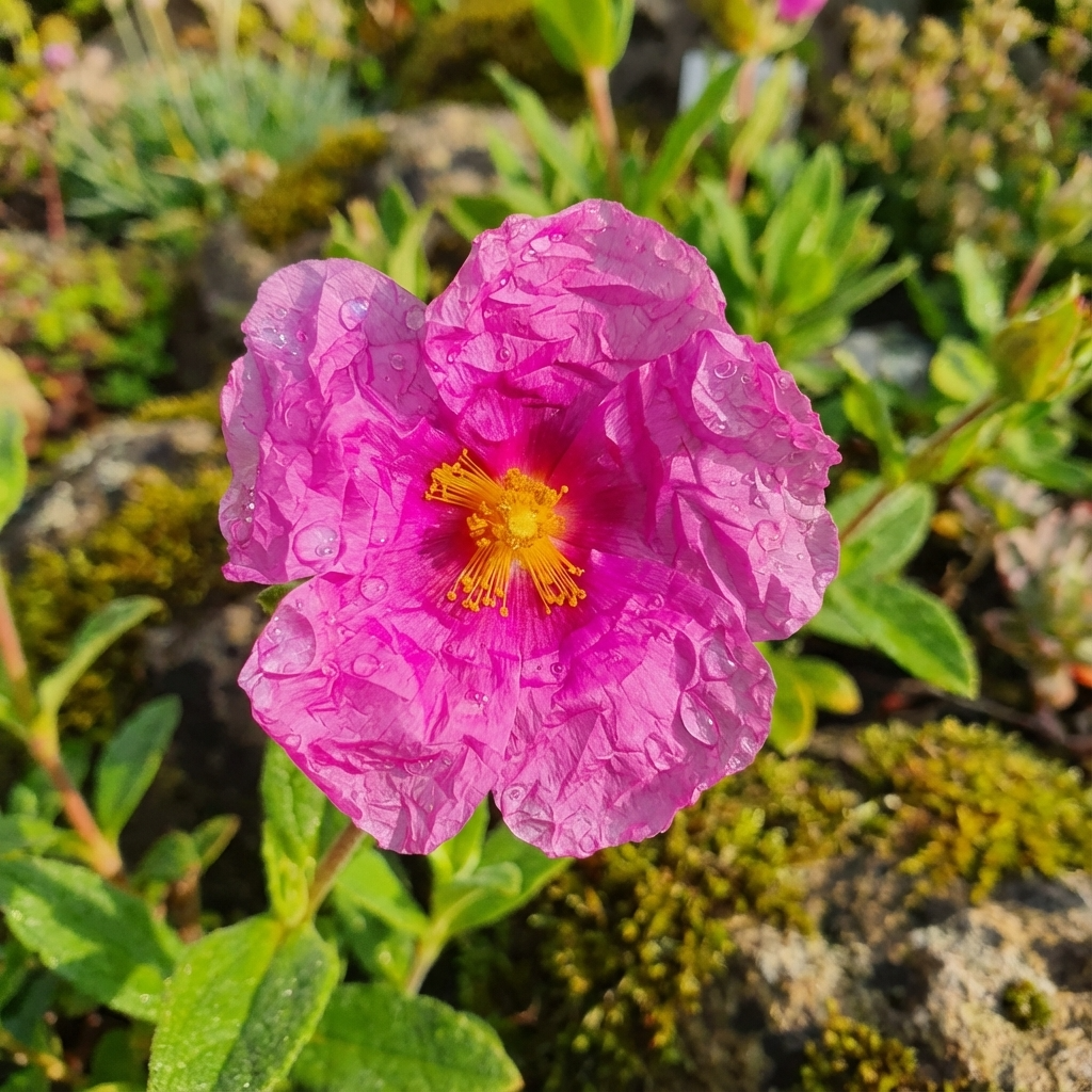 Rock Rose - Cistus ‘Sunset’ features bright pink flowers with yellow centers, adorned with water droplets and set among green leaves and moss—an ideal choice for Mediterranean gardens.