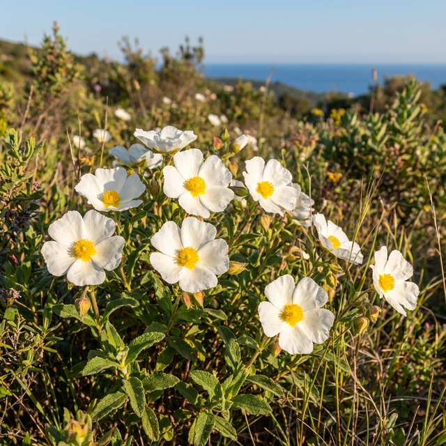 Sageleaf Rock Rose - Cistus salviifolius displays clusters of white blooms with yellow centers, flourishing by the coast. This drought tolerant shrub thrives in sunshine and brings beauty to coastal landscapes.