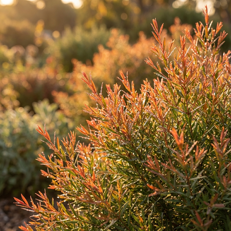Dew-kissed Claret Tops Melaleuca (Melaleuca linariifolia 'Claret Tops') dazzles at golden hour, its reddish-orange leaves brightening gardens with vibrant, drought-tolerant beauty.