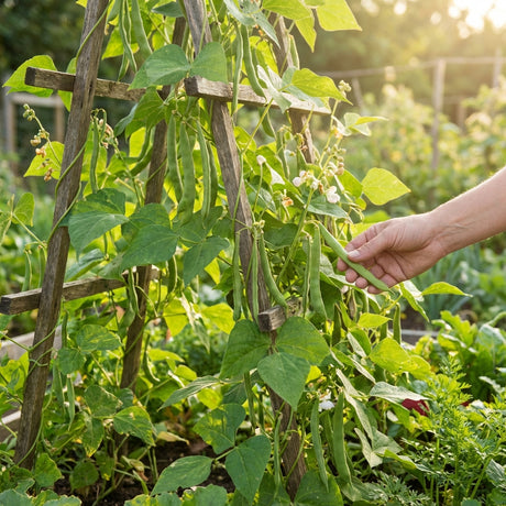 A hand picks pods of Climbing Bean Blue Lake (Phaseolus vulgaris) from a vine on a wooden trellis, highlighting this high-yielding variety.