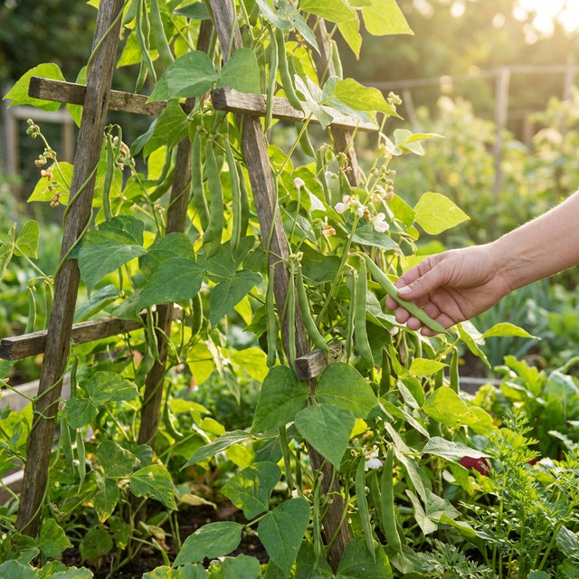 A hand picks pods of Climbing Bean Blue Lake (Phaseolus vulgaris) from a vine on a wooden trellis, highlighting this high-yielding variety.