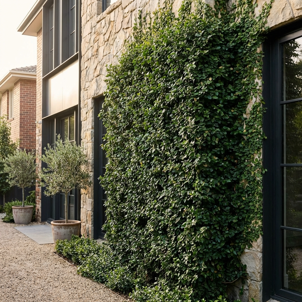 Stone house with black-framed windows, potted plants, and a tall leafy green hedge of Climbing Fig - Ficus pumila, a fast-growing climber, lining the gravel path.