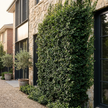 Stone house with black-framed windows, potted plants, and a tall leafy green hedge of Climbing Fig - Ficus pumila, a fast-growing climber, lining the gravel path.