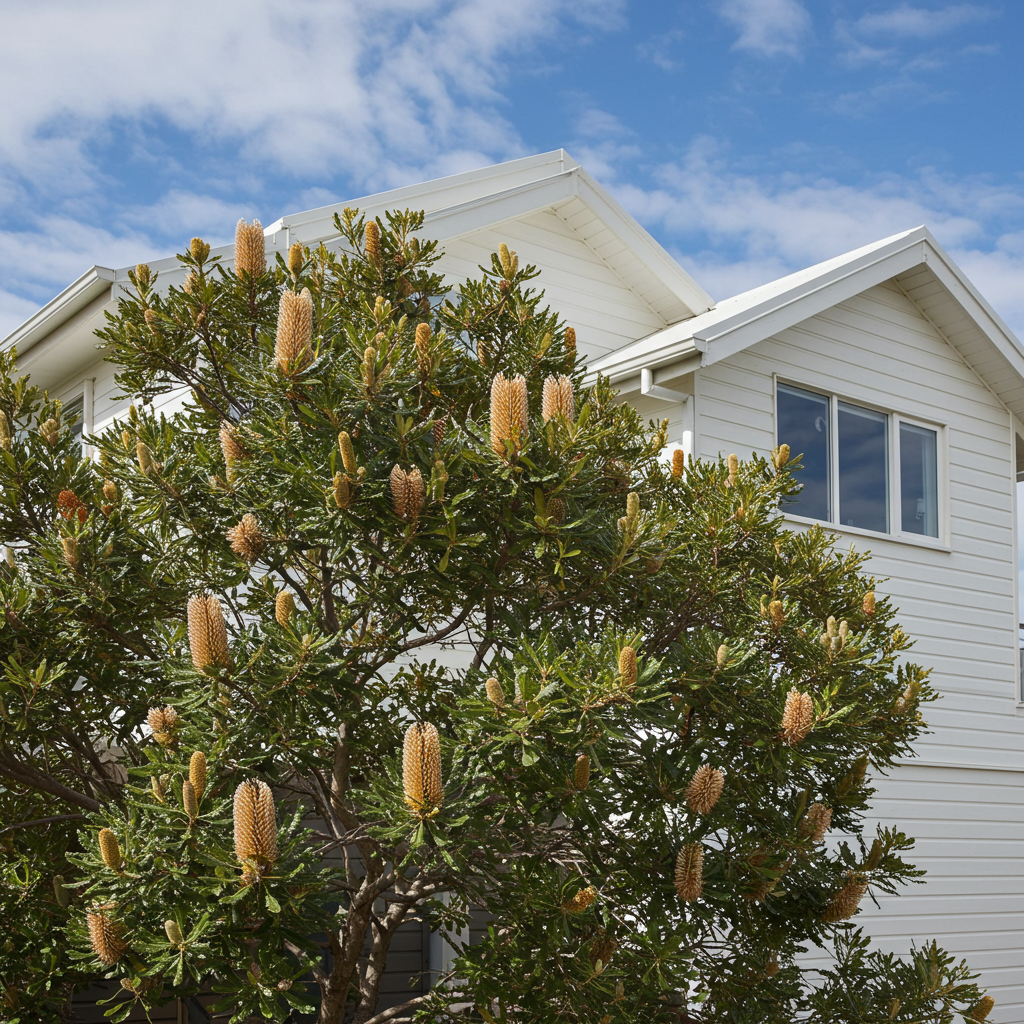 A Coast Banksia - Banksia integrifolia, a classic Australian native tree, blooms in front of a white house under a blue sky with clouds.