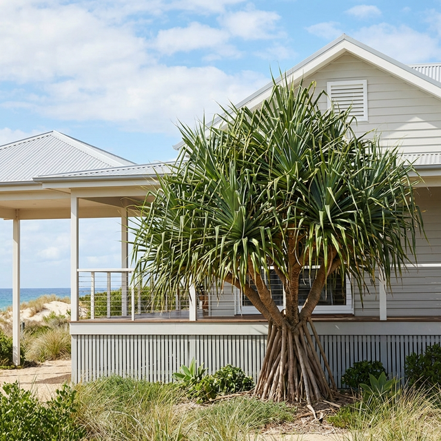 The Coastal Screw Pine - Pandanus Pedunculatus adds a bold tropical touch in front of a modern beach house, complementing its spacious porch and stunning ocean view.