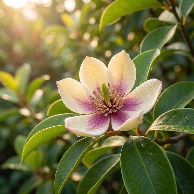 Cream and pink Coco Magnolia - Michelia 'Coco' flowers with dew drops on green leaves, softly illuminated by sunlight in the background, accentuating their fragrant blooms.