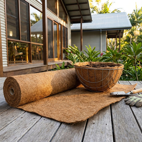 A Coco Roll Basket Liner (750mm x 1000mm), a wire basket with soil and liner, gloves, and a trowel arranged on a wooden deck outside a house.