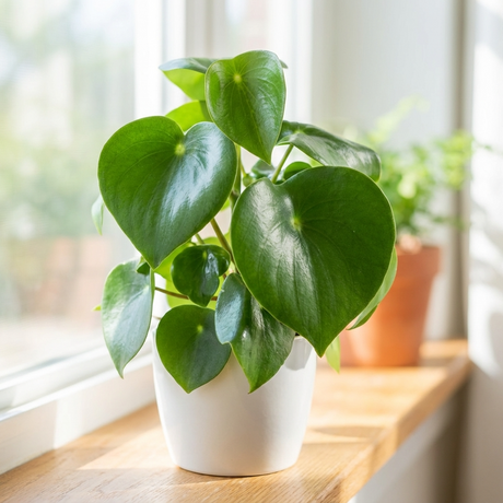 A low maintenance Coin Leaf Peperomia (Peperomia polybotrya) with large, heart-shaped green leaves sits on a sunny windowsill.