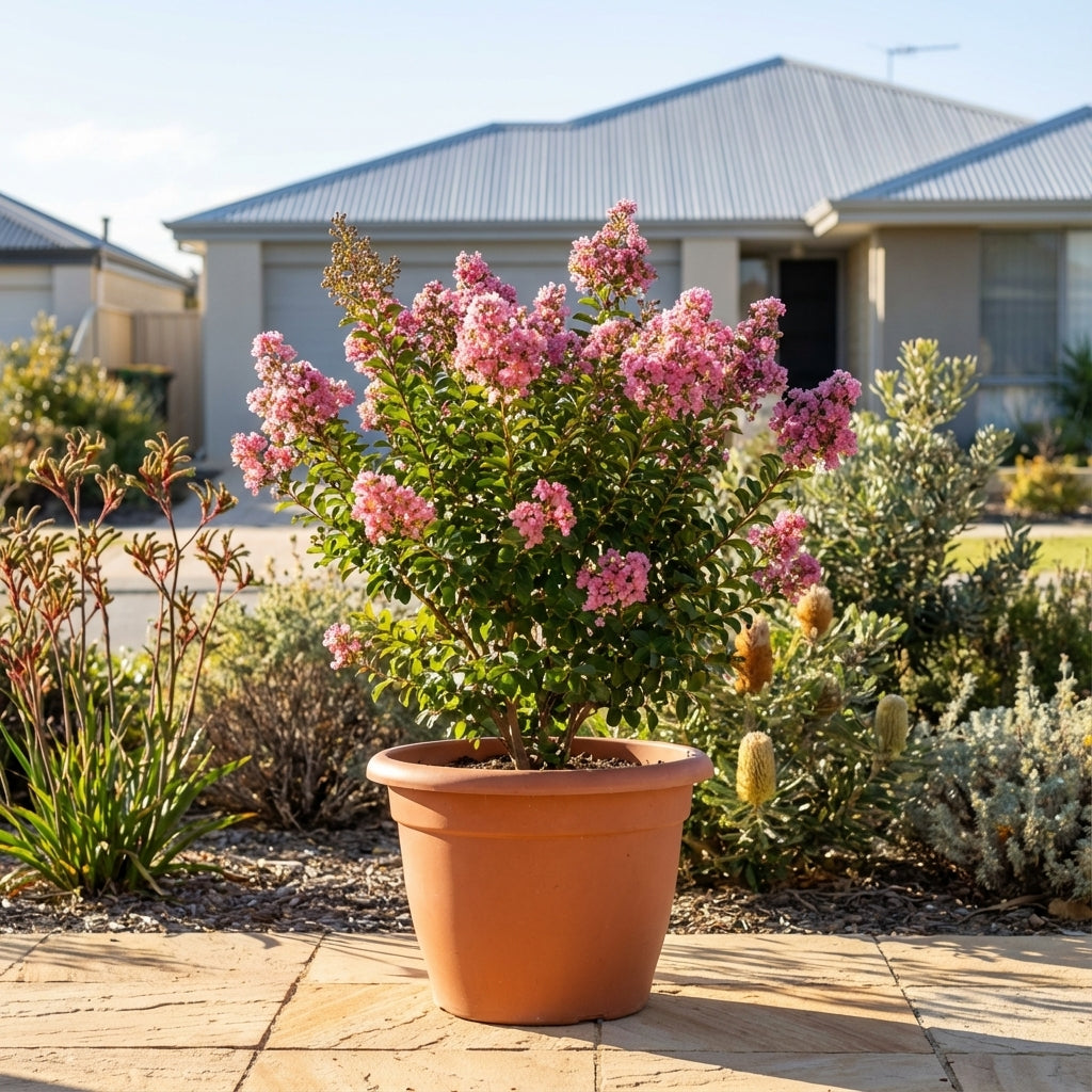 A potted Comanche Crepe Myrtle—Lagerstroemia indica ‘Comanche’—with pink blooms sits on a patio, adding charm and beauty to the house and garden with its compact tree form.