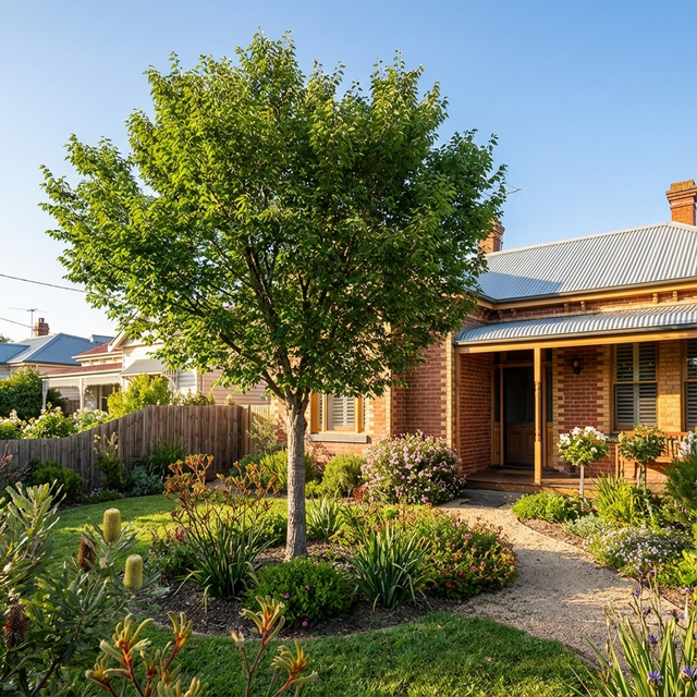 A brick house with a metal roof and front porch features a Common Hackberry (Celtis occidentalis), an adaptable deciduous tree, providing shade and character to the lush, landscaped garden.