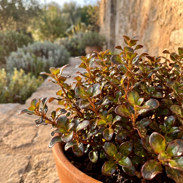 A Karo Red Coprosma - Coprosma 'Karo Red' with glossy foliage sits in a pot on a sunlit stone patio near a rustic wall and garden.