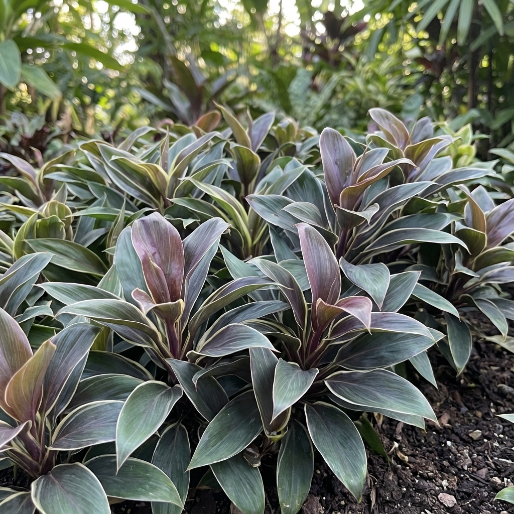 Cordyline fruticosa 'Compacta Coffee' features a cluster of tropical plants with green and coffee-toned foliage, growing compactly in soil amid lush greenery.