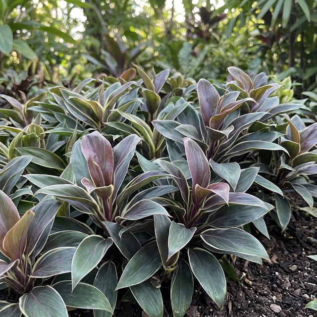 Cordyline fruticosa 'Compacta Coffee' features a cluster of tropical plants with green and coffee-toned foliage, growing compactly in soil amid lush greenery.