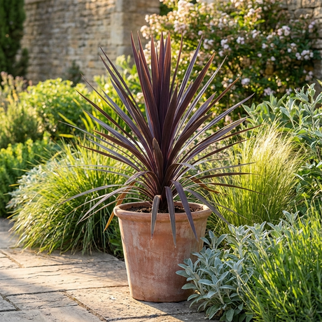 A Black Knight Cordyline (Cordyline australis 'Black Knight') with dramatic black-purple leaves stands in a terracotta pot on a stone patio within a vibrant garden.