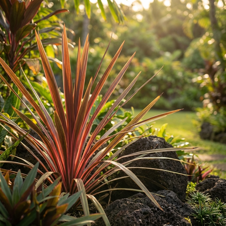Choc Mint Cordyline - Cordyline australis 'Choc Mint' adds vibrant red and green hues to any garden. Low maintenance, it thrives in sunlight among rocks, making a stunning architectural feature in your landscape.