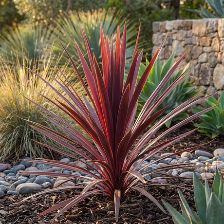 Red Star Cordyline - Cordyline australis 'Red Star' features bold red spikes and thrives among rocks, mulch, and stone walls. Its drought tolerance makes it a striking and practical choice for any outdoor garden.