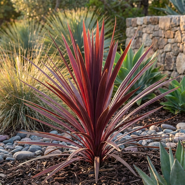 Red Star Cordyline - Cordyline australis 'Red Star' features bold red spikes and thrives among rocks, mulch, and stone walls. Its drought tolerance makes it a striking and practical choice for any outdoor garden.