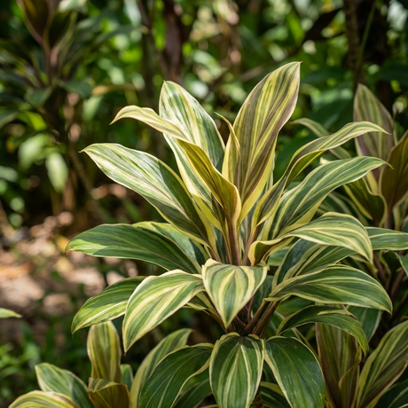 The Chocolate Queen Cordyline (Cordyline fruticosa 'Chocolate Queen') features long, pointed leaves with yellow and light green stripes, making it a striking tropical foliage plant for outdoor gardens.