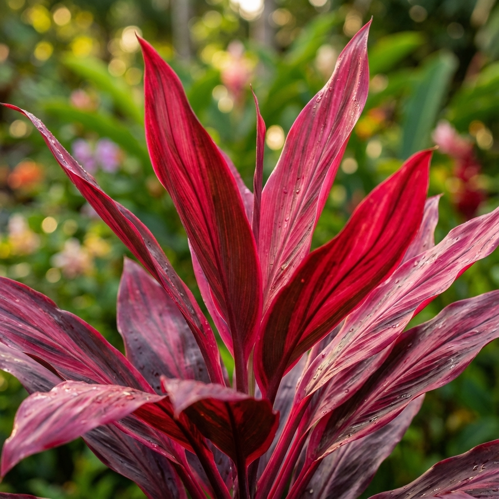 Firestorm Ti Plant - Cordyline fruticosa ‘Firestorm’ features striking red leaves with water droplets, set among lush tropical foliage and blurred green leaves bathed in sunlight.