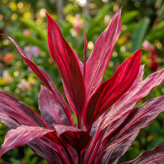 Firestorm Ti Plant - Cordyline fruticosa ‘Firestorm’ features striking red leaves with water droplets, set among lush tropical foliage and blurred green leaves bathed in sunlight.